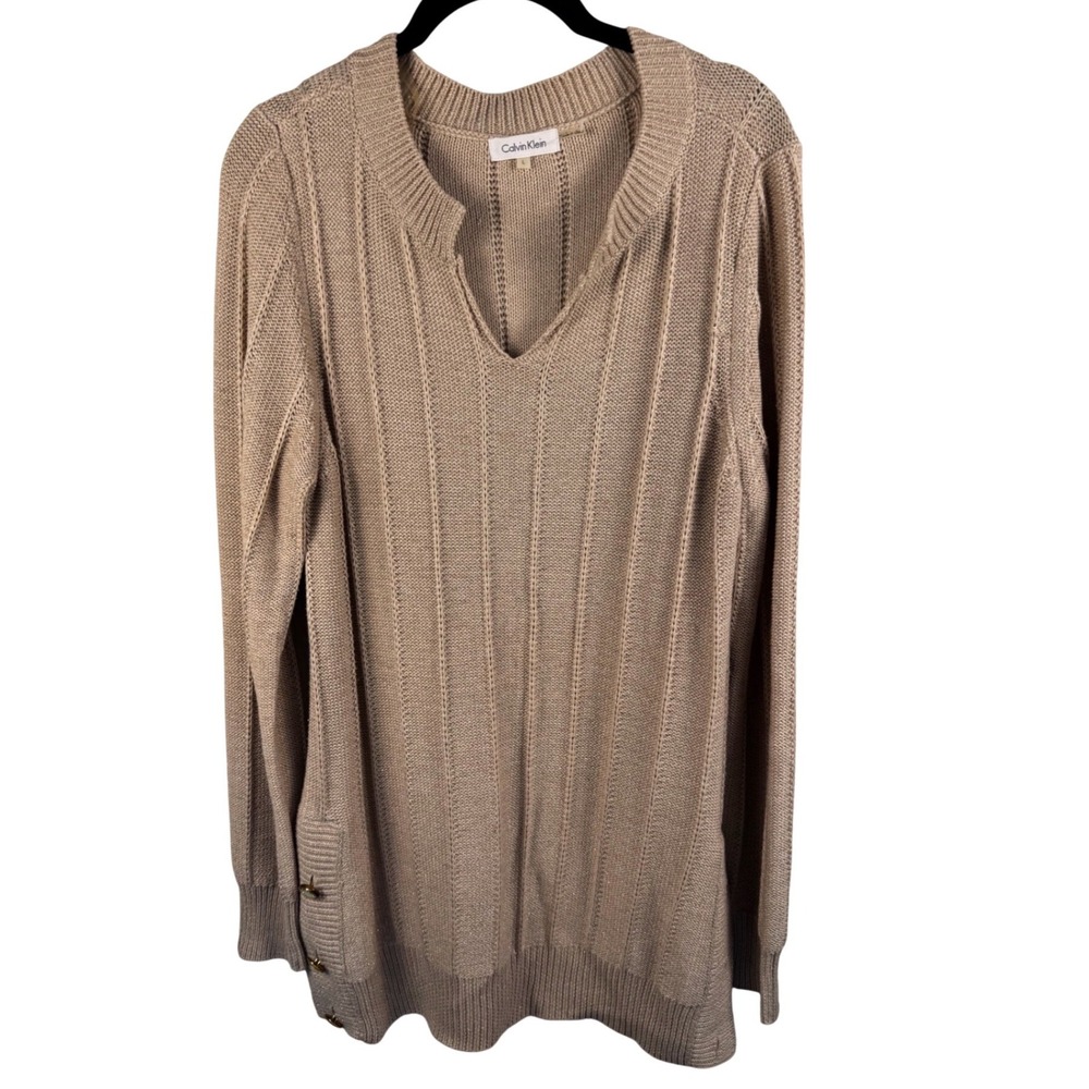 Calvin Klein Sweater Womens Large Metallic Ribbed Tunic V Neck Career Office NYE